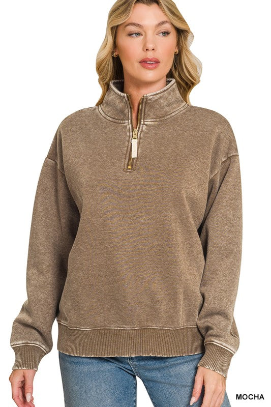 Acid Washed Half Zip Fleece Long Sleeve Sweater in Mocha