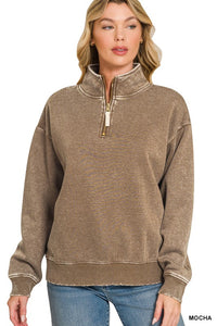 Acid Washed Half Zip Fleece Long Sleeve Sweater in Mocha