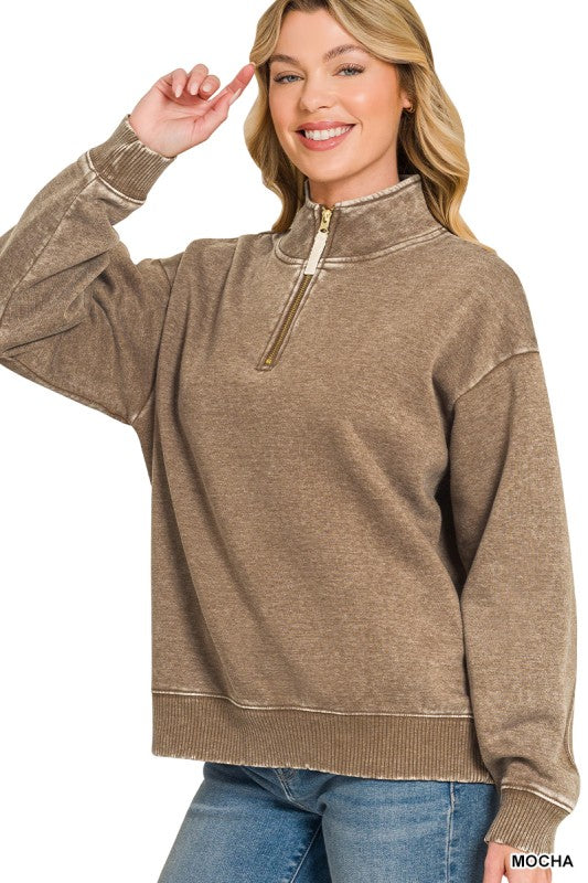 Acid Washed Half Zip Fleece Long Sleeve Sweater in Mocha