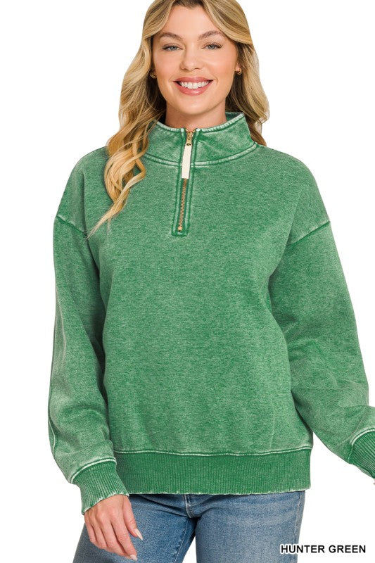 Acid Washed Half Zip Fleece Long Sleeve Sweater in Hunter Green
