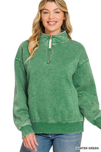 Acid Washed Half Zip Fleece Long Sleeve Sweater in Hunter Green
