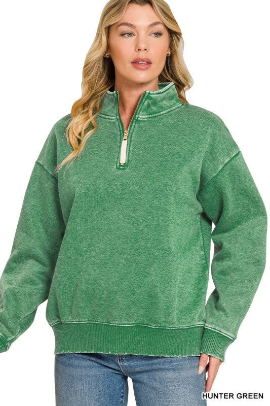 Acid Washed Half Zip Fleece Long Sleeve Sweater in Hunter Green