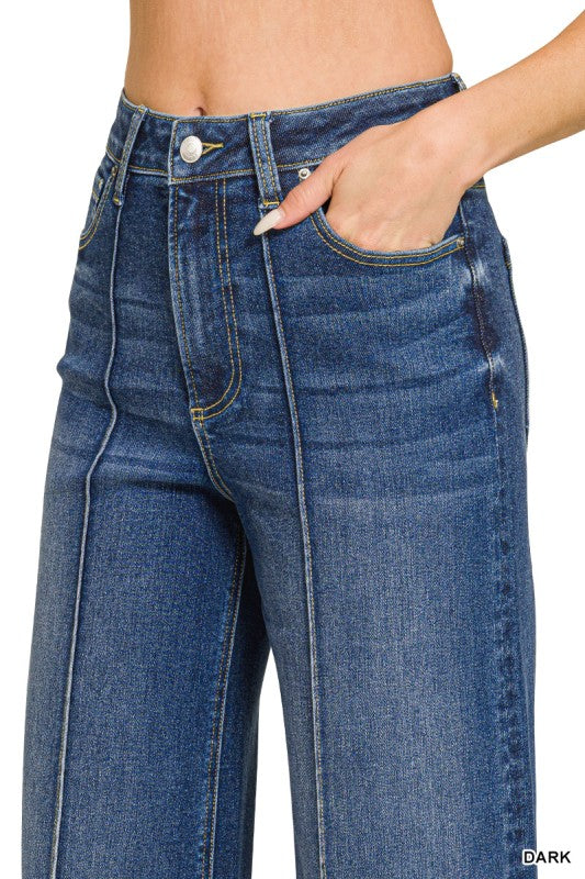 HIGH-RISE WIDE-LEG PINTUCK DENIM JEANS