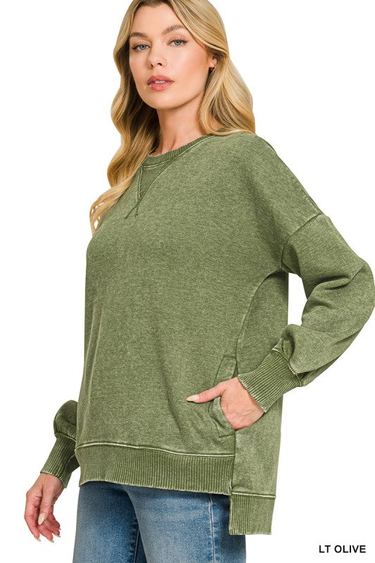 Acid Washed Long Sleeve hi-low: light olive