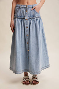 Braided Waist Denim Maxi Skirt: Cloud Wash