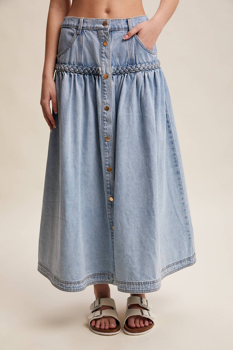 Braided Waist Denim Maxi Skirt: Cloud Wash