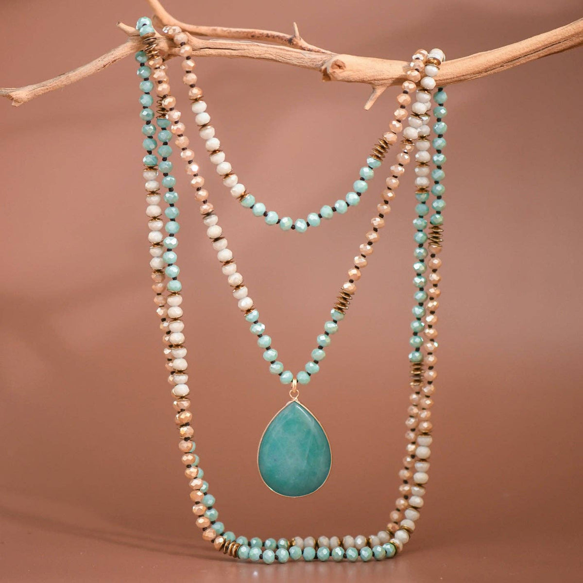 Boho Mixed Glass Bead Wrap Necklace, Natural Stone Drop Pendant