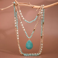 Boho Mixed Glass Bead Wrap Necklace, Natural Stone Drop Pendant