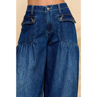 Ankle Drawstring Wide Denim Pants: Dark Wash