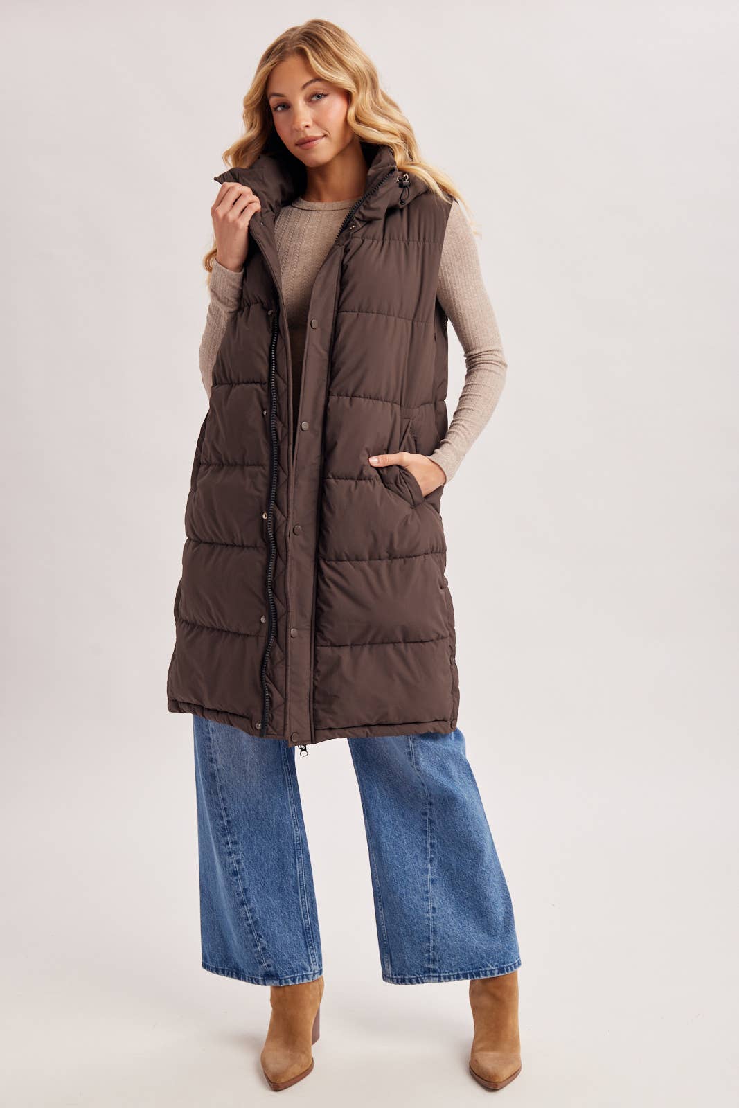 DETACHABLE HOOD ZIPPER LONGLINE QUILTED PUFFER VEST JACKET : ASH BROWN