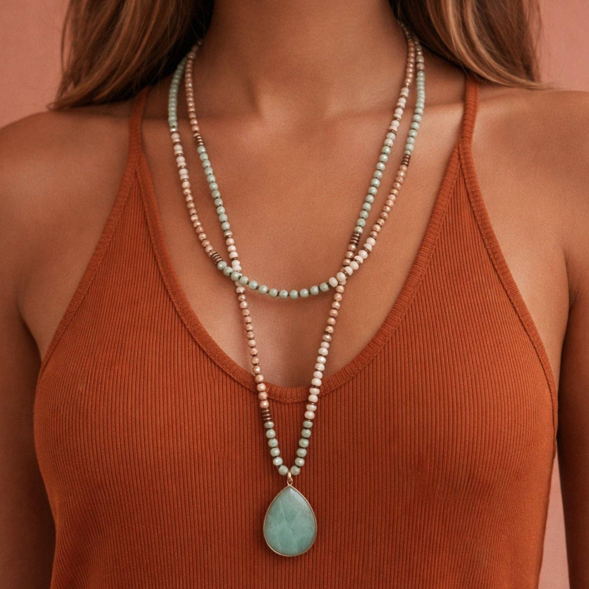 Boho Mixed Glass Bead Wrap Necklace, Natural Stone Drop Pendant