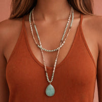 Boho Mixed Glass Bead Wrap Necklace, Natural Stone Drop Pendant