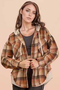 Oversized Flannel Hooded Button Down Jacket: CARAMEL MIX
