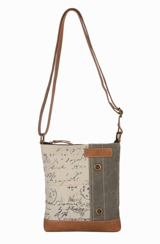 Vintage Script Up-Cycled Canvas Crossbody Purse