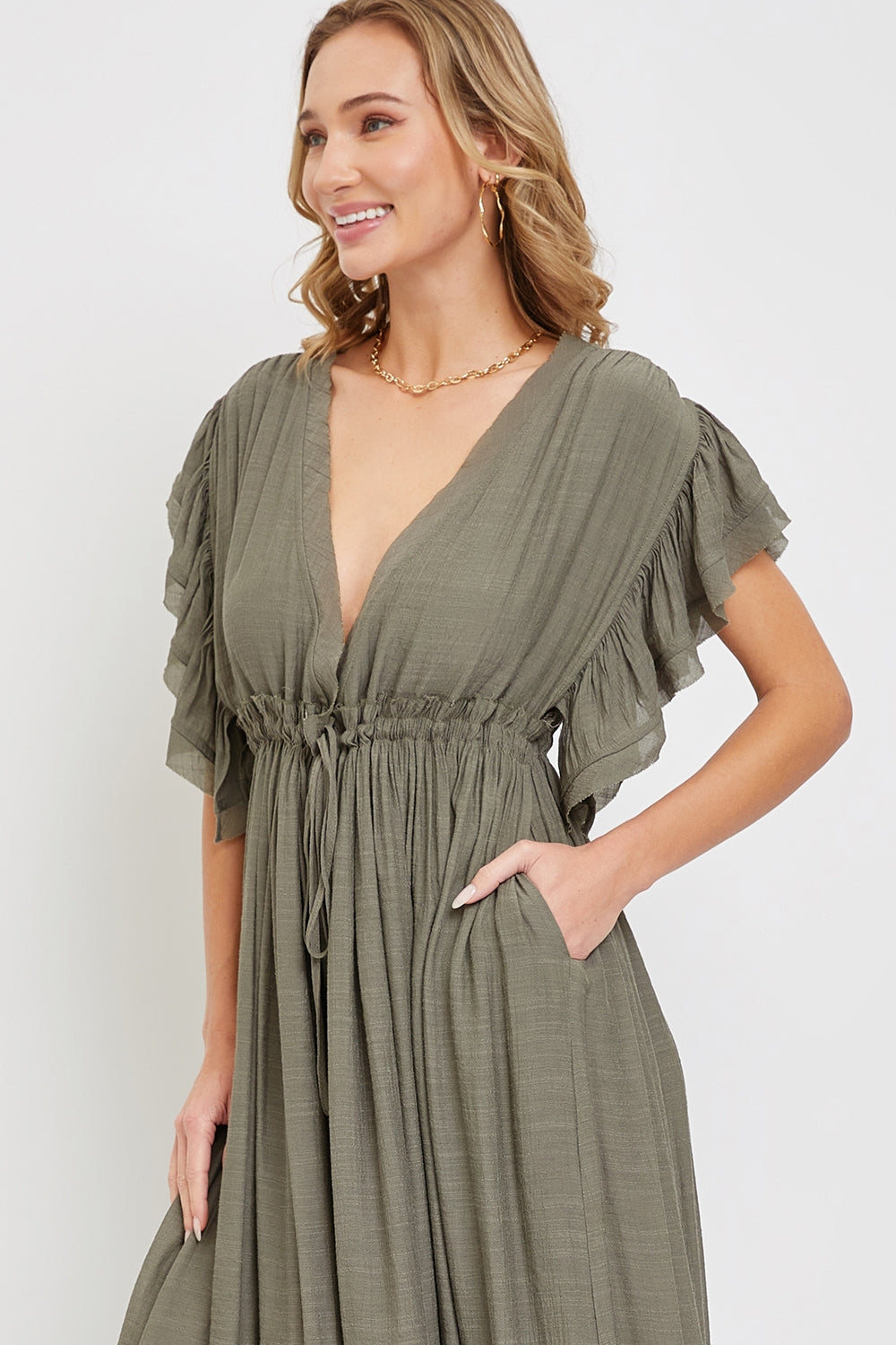 Summer Sunset Boho Linen Gauze Maxi Dress in Olive