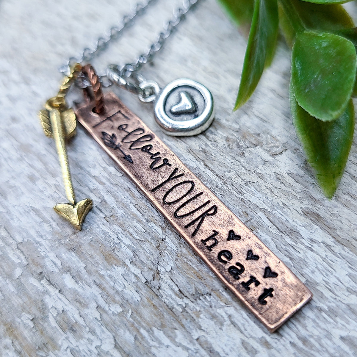 "Follow Your Heart" stamped necklace