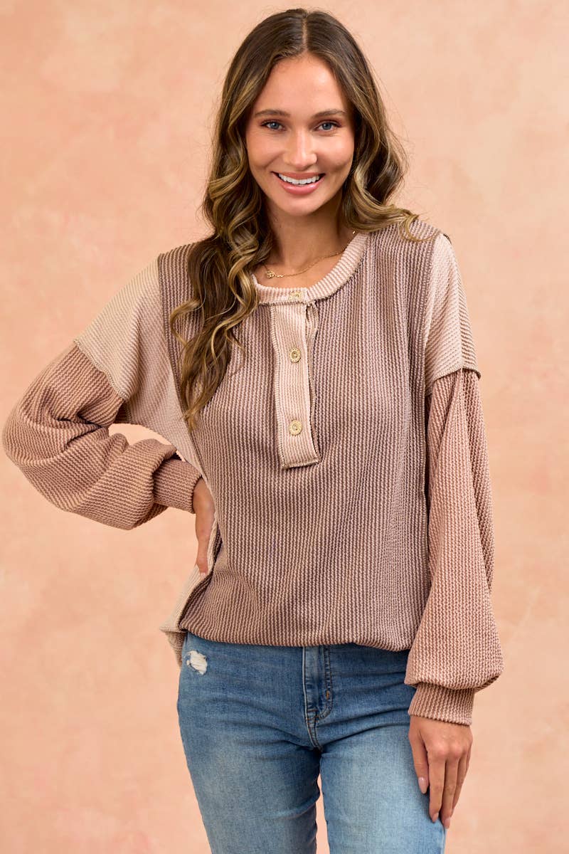 Amalias rib long sleeves top: CHOCO/TAUPE/PEANUT