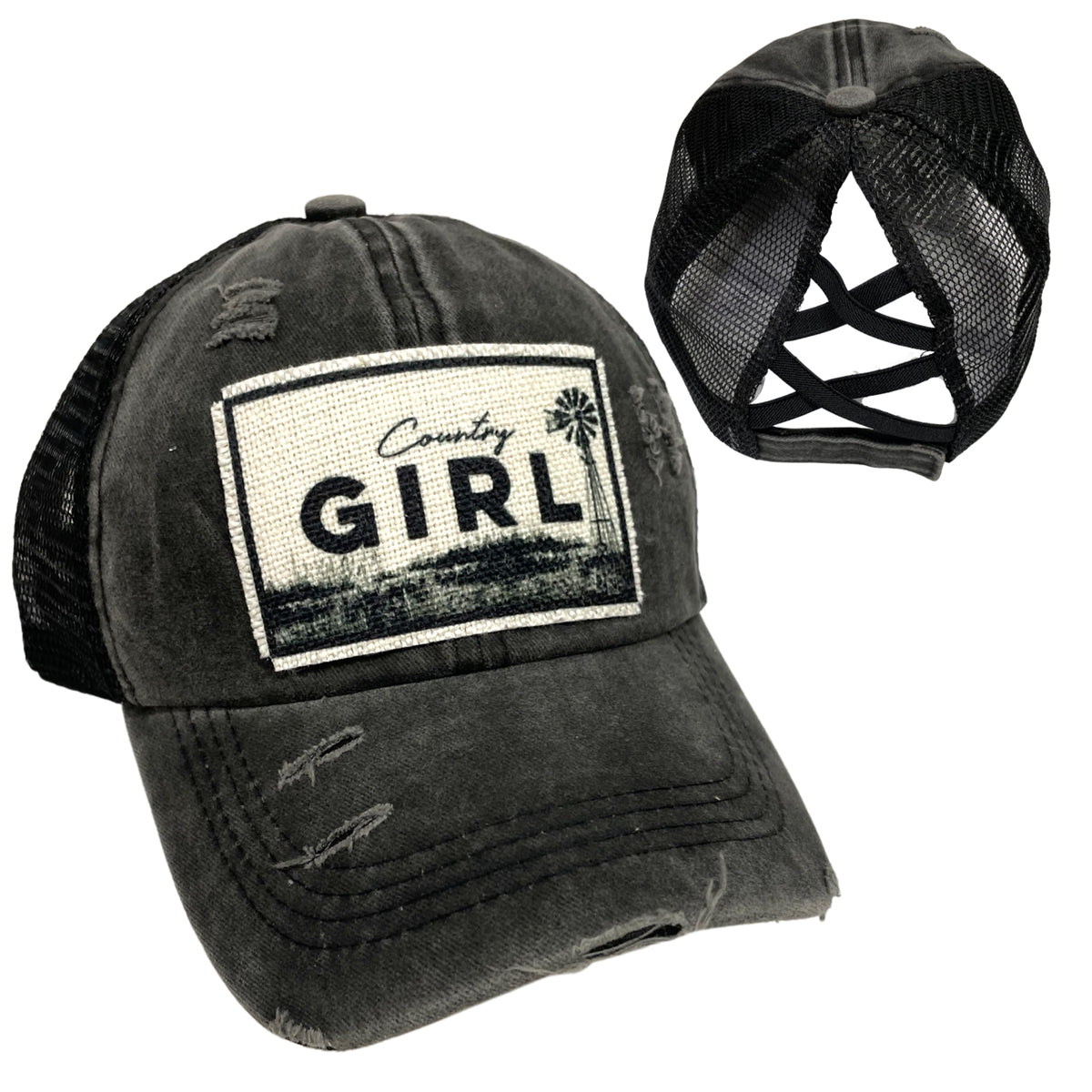 Country Girl Distressed Black High Pony Tail baseball cap *