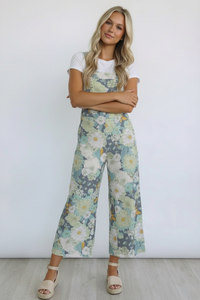 FLORAL PRINT LINEN OVERALL ROMPER WITH ELASTIC SHOULDER STRAPS: CHARCOAL/SAGE