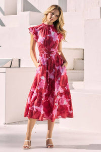 Floral Printed Midi Dress - Ruffle Cap Sleeves: Pink Multi