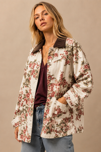 Vintage Floral Canvas Jacket with Corduroy Collar: CREAM FLORAL