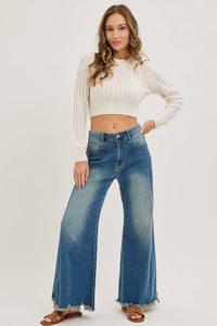MID-RISE WIDE-LEG FRAYED HEM DENIM JEANS: DENIM BLUE