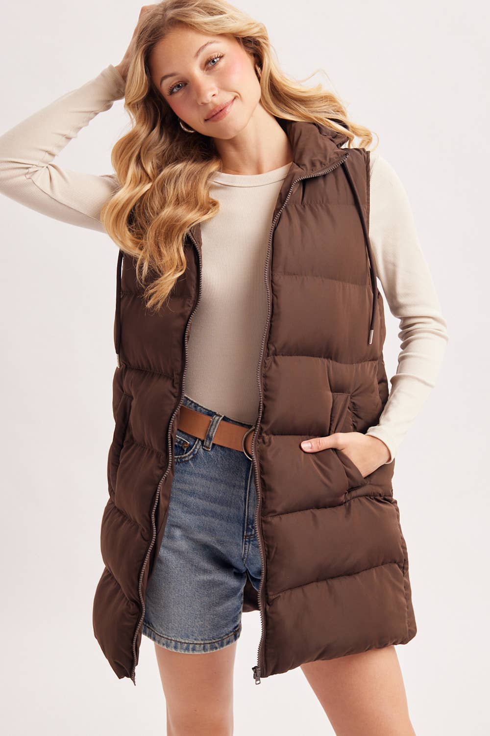HOODED ZIPPER DOWN LONGLINE PUFFER VEST