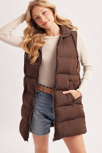 HOODED ZIPPER DOWN LONGLINE PUFFER VEST