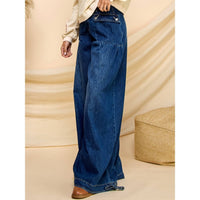 Ankle Drawstring Wide Denim Pants: Dark Wash