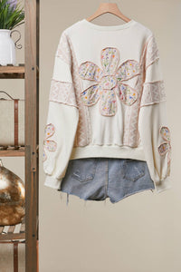 Multi Fabric Flower Patch With Lace Sweatershirts: Ivory