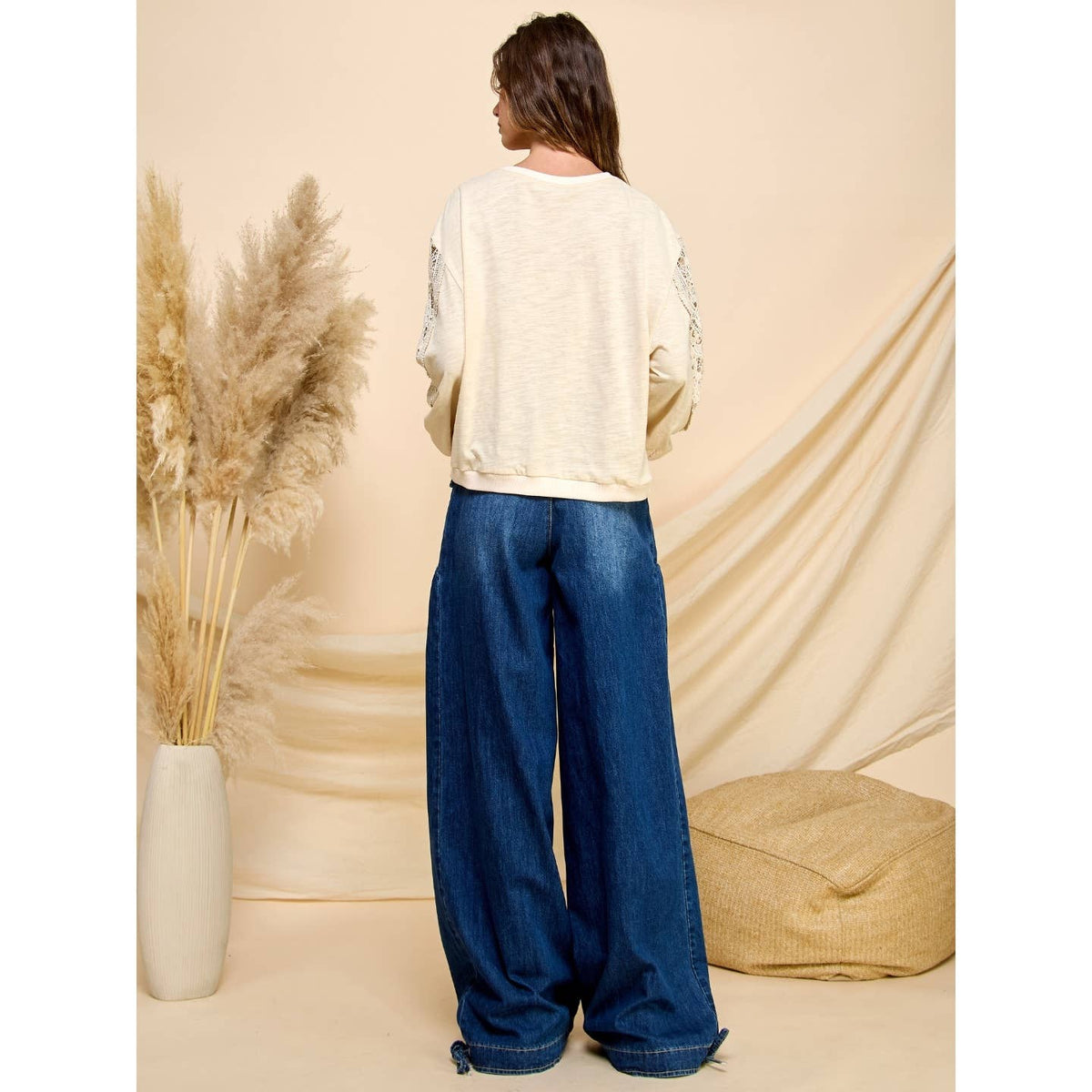 Ankle Drawstring Wide Denim Pants: Dark Wash