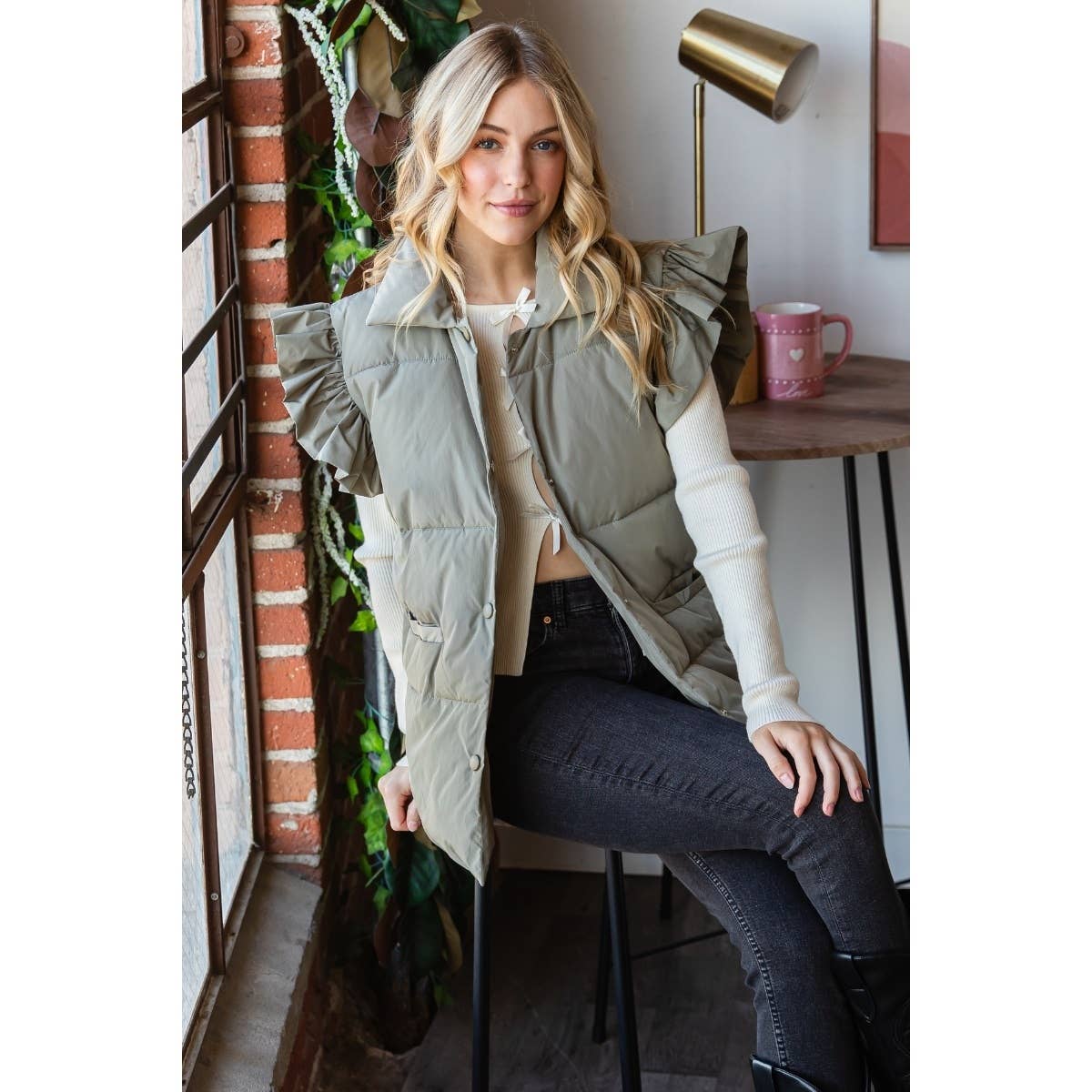 Ruffle Short Sleeve Padded Vest: Olive
