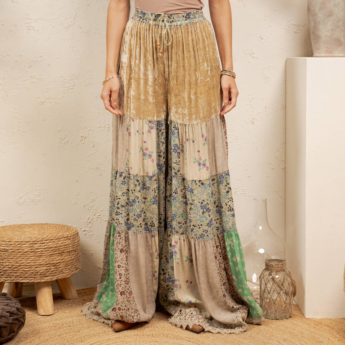**Pre-Order: Will arrive August** Boho Tiered Patchwork Flare Pants Velvet Drawstring Waist