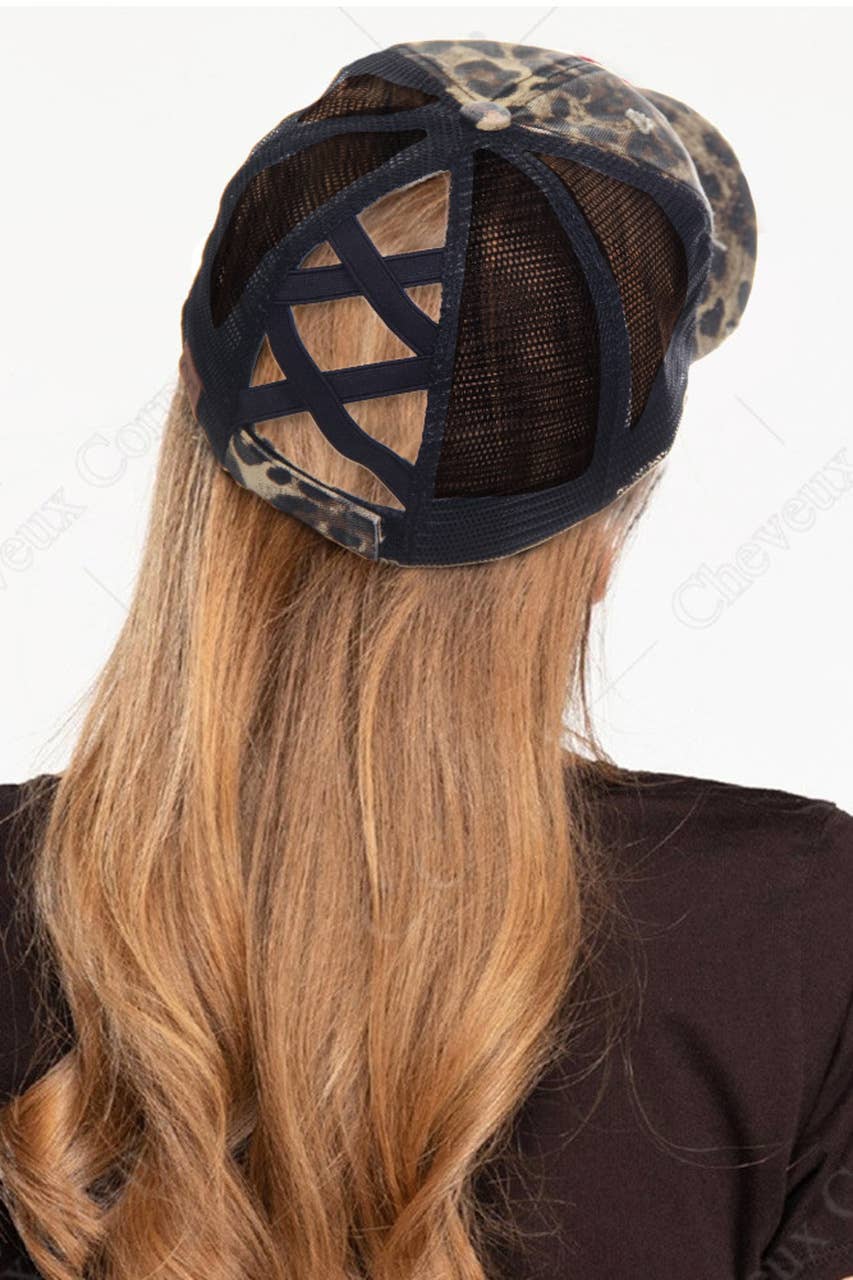 C.C Washed Denim with Crossed Elastic Band Mesh Pony Cap: Leopard