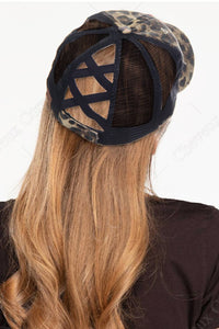 C.C Washed Denim with Crossed Elastic Band Mesh Pony Cap: Leopard