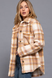 Long Sleeve Button Down Oversize Plaid Faux Fur Jacket