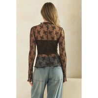 Lace Long Sleeve See Through Top: Brown