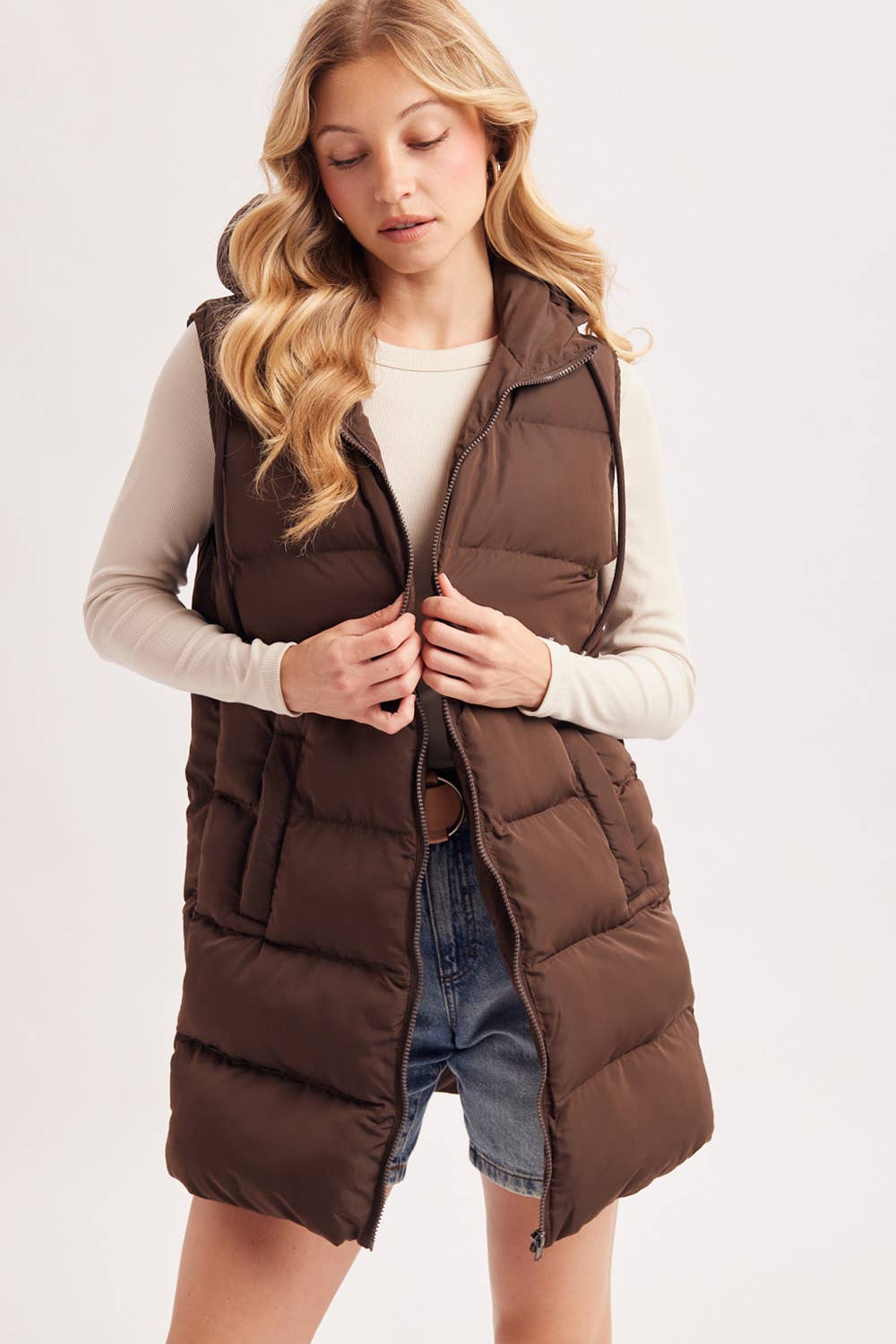 HOODED ZIPPER DOWN LONGLINE PUFFER VEST