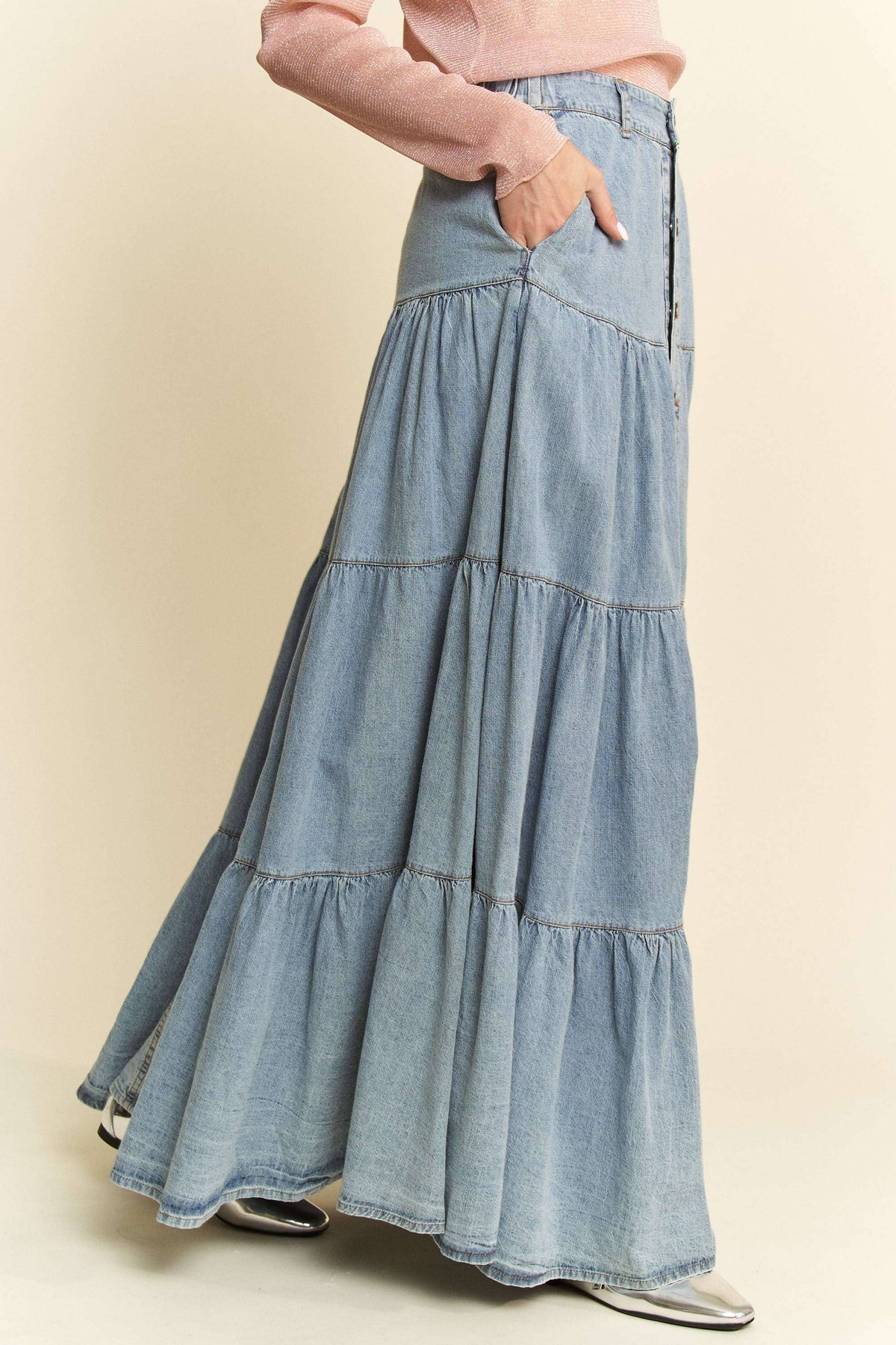 DENIM BUTTON FRONT RUFFLE HEM DENIM MAXI SKIRT: Denim