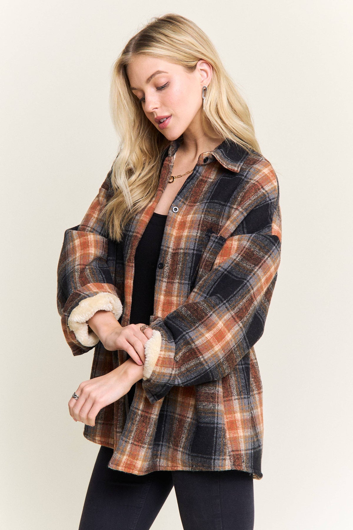 PLAID SHERPA-LINED BUTTON DOWN SHACKET JACKET
