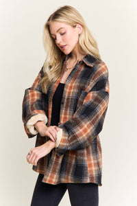 PLAID SHERPA-LINED BUTTON DOWN SHACKET JACKET