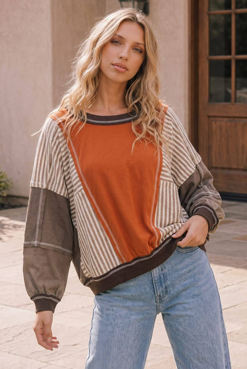 Relaxed Fit Color Block Pullover Sweater long sleeve