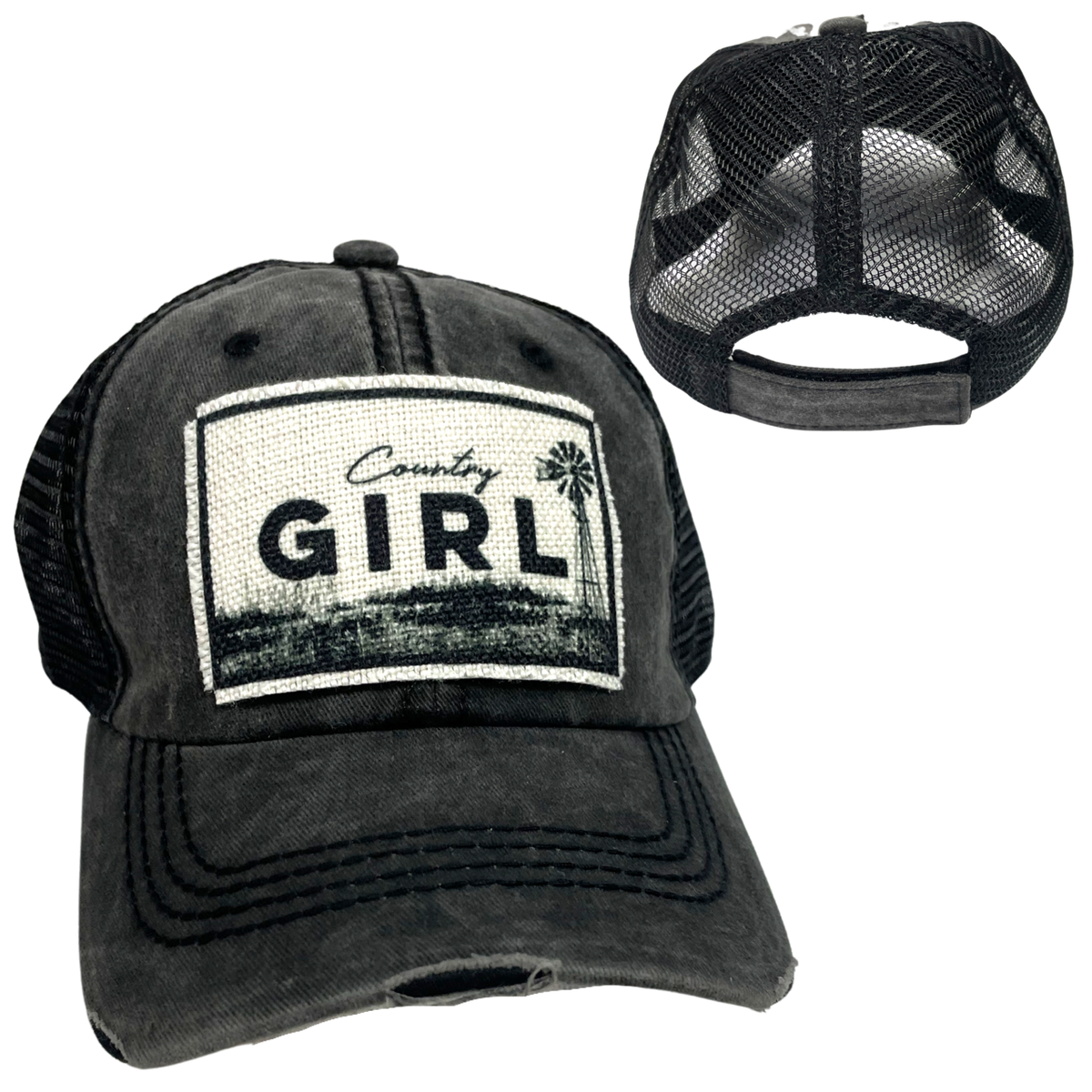 COUNTRY GIRL BALL CAP | WOMAN'S HAT | DISTRESSED: Black with Black Mesh *