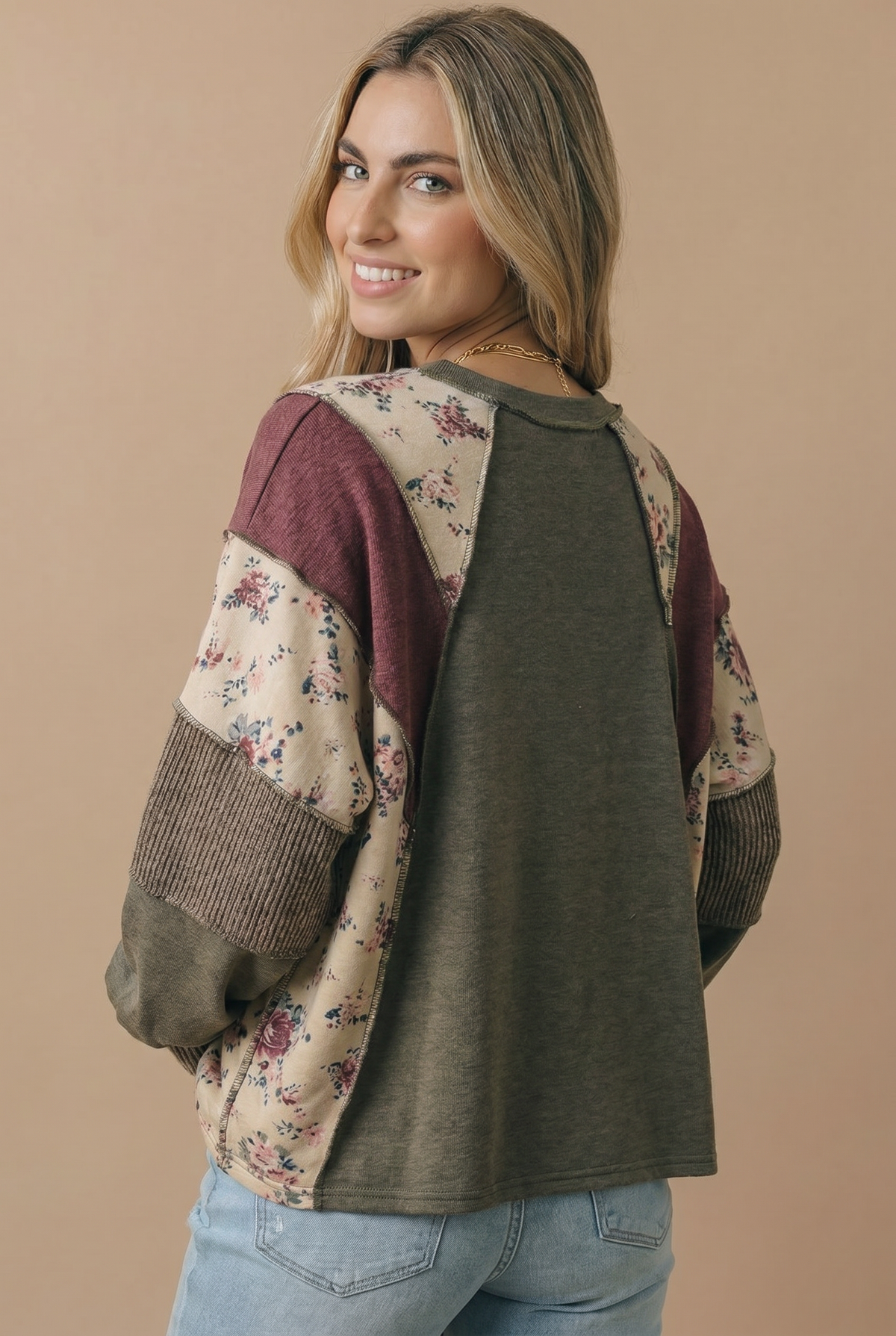 Mixed Media Patchwork Pullover Knit Top: OLIVE