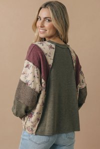 Mixed Media Patchwork Pullover Knit Top: OLIVE