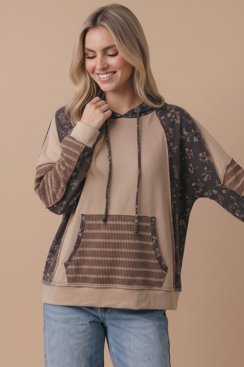 Long Sleeve Oversized Kangaroo Pocket Hoodie: MOCHA/BROWN