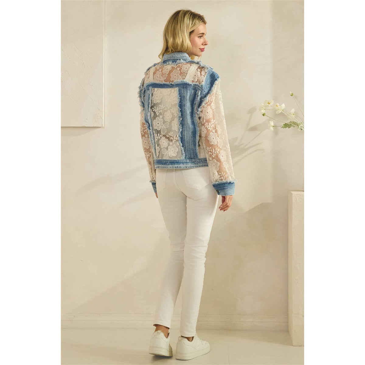 Denim Jacket with Floral Organza Inset: Med Wash