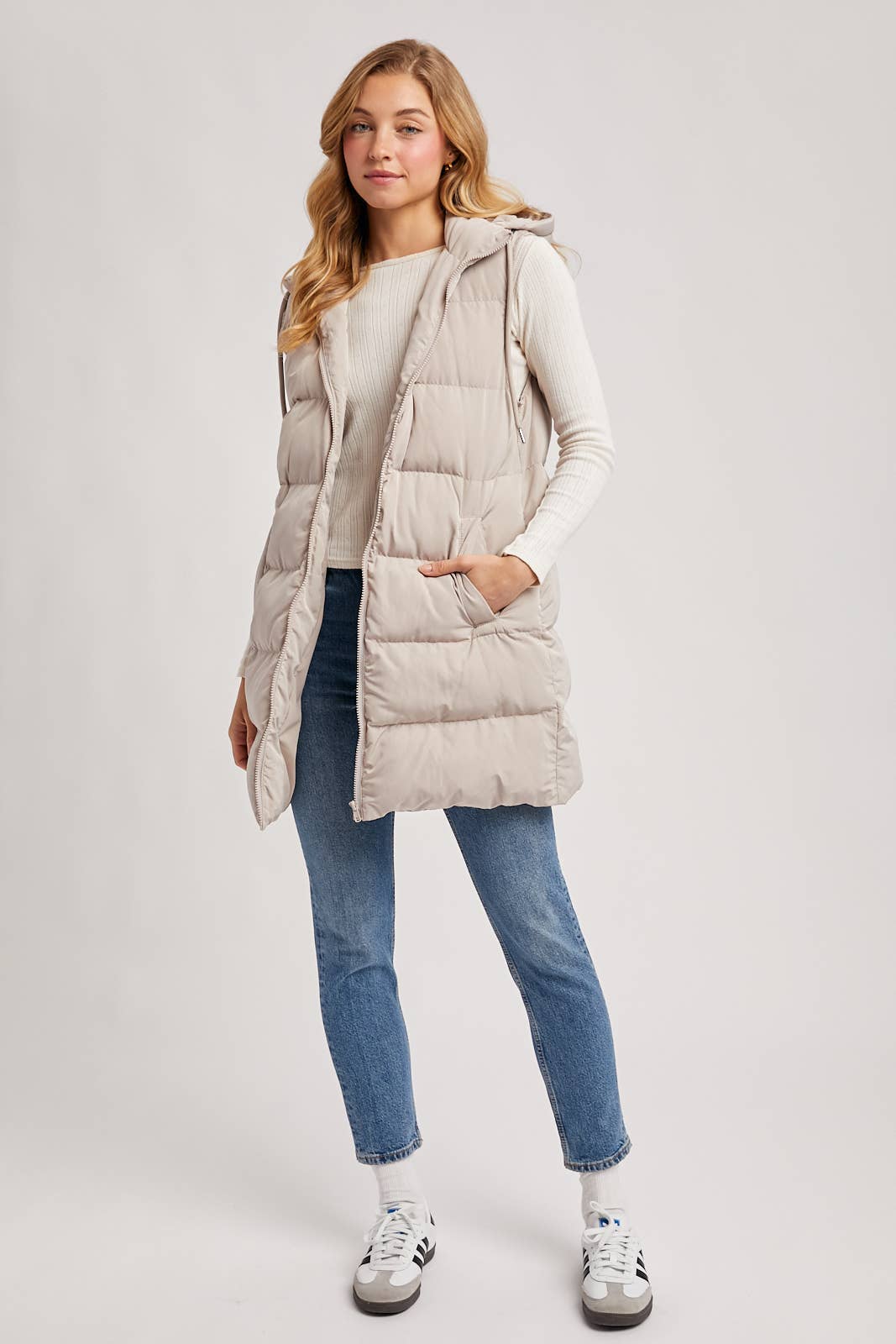HOODED ZIPPER DOWN LONGLINE PUFFER VEST JACKET: CREAM