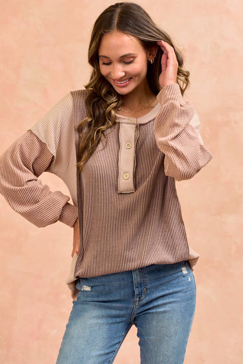 Amalias rib long sleeves top: CHOCO/TAUPE/PEANUT