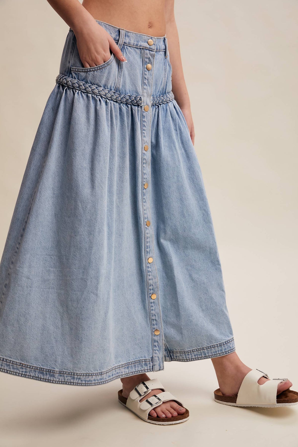 Braided Waist Denim Maxi Skirt: Cloud Wash